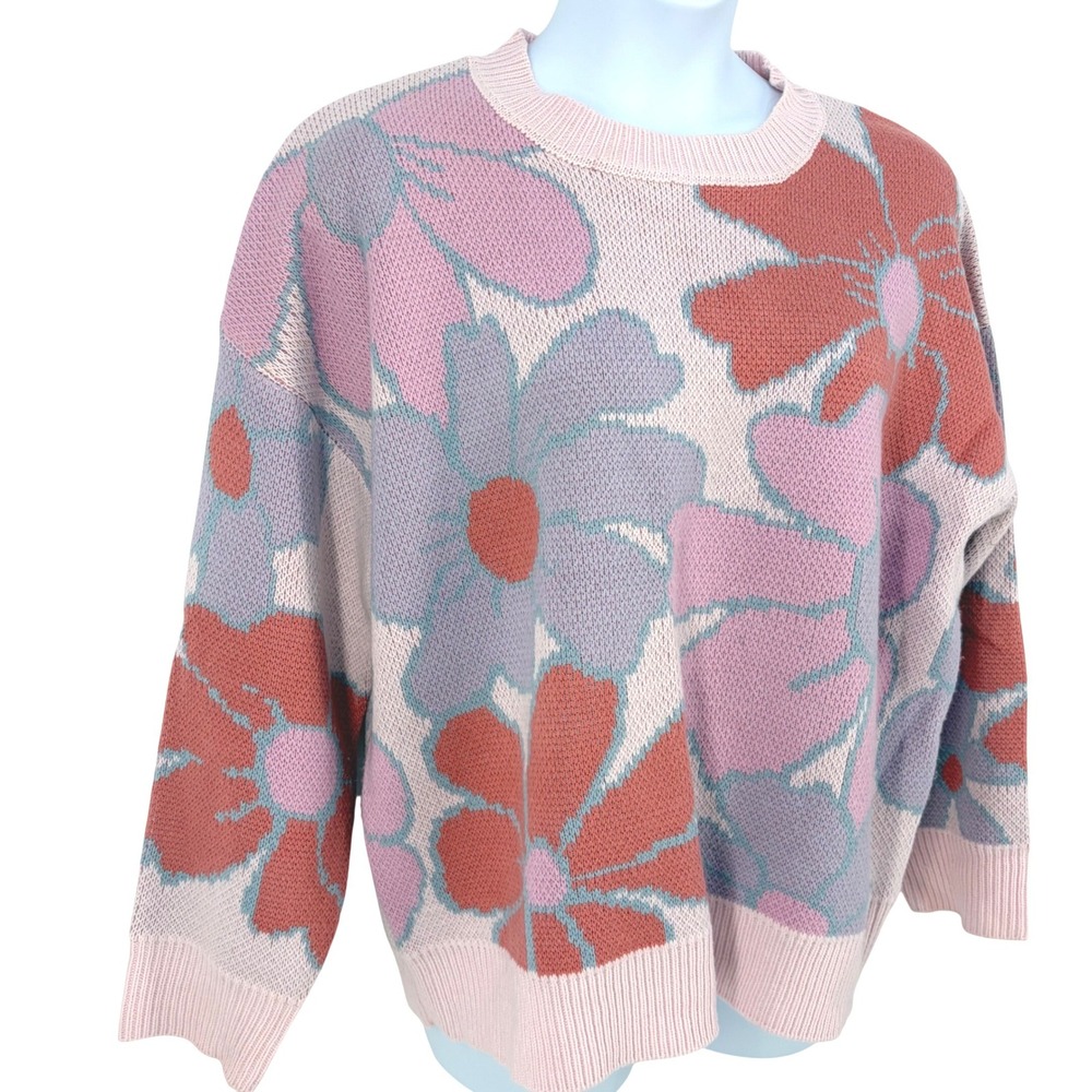 Pink Lily Sweater Floral Oversized Thick Cozy Cottagecore L Knit Crewneck